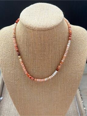 Natural Pink, Peach Fire Opal Faceted Gemstone Bead Necklace 14” Sterling Silver
